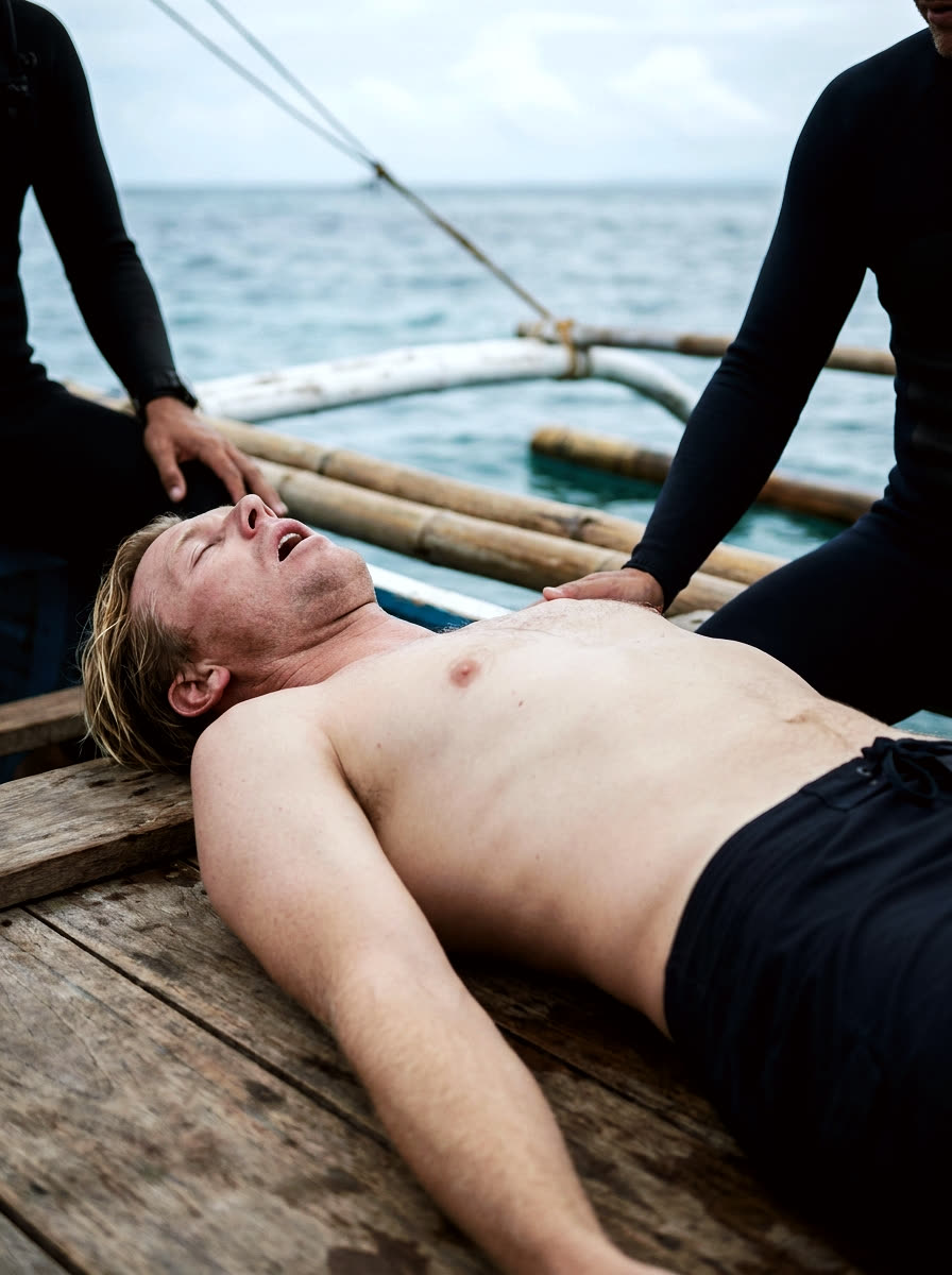 The patient lies supine on the wooden deck of a banca outrigger boat, mouth open wide mid-gasp, jaw protruded forward, tongue pushed slightly forward. Two surfer rescuers' hands visible at his sides. The agonal respiration pattern.