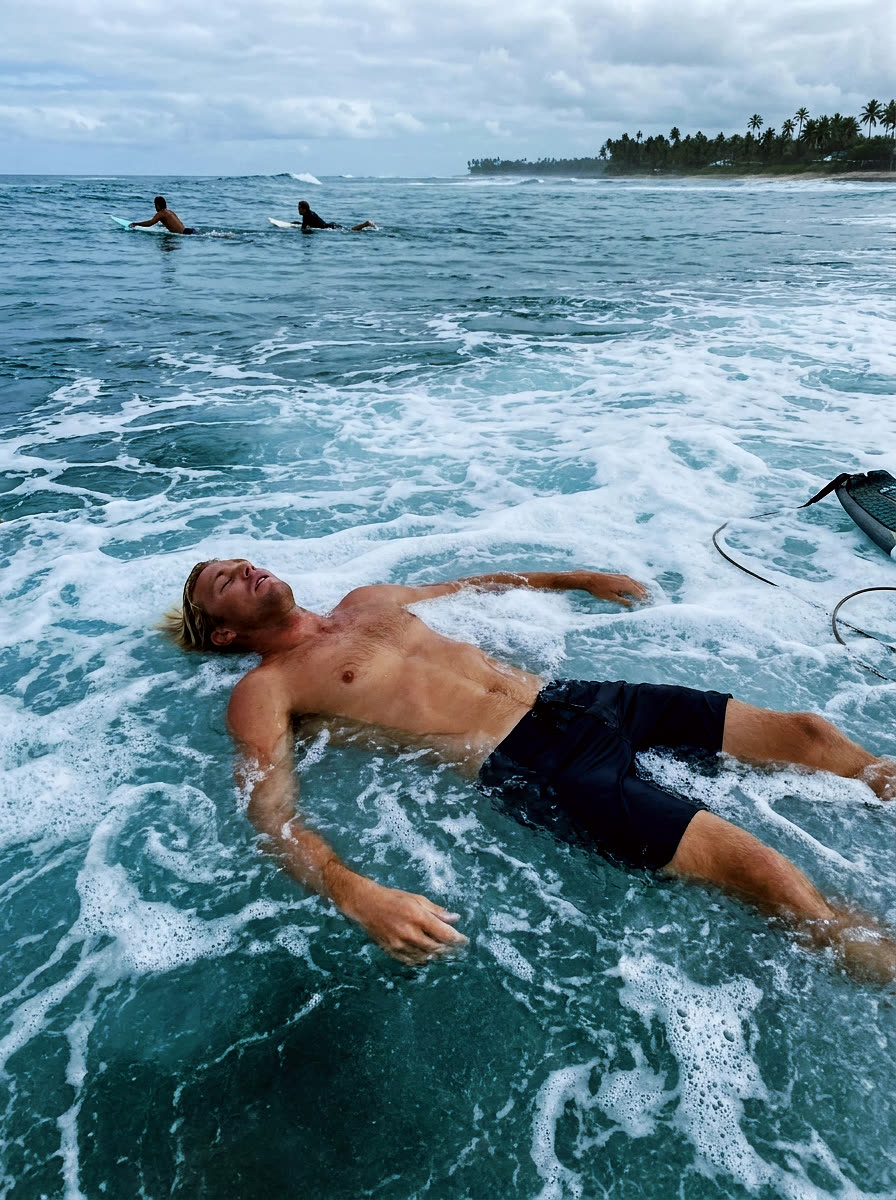 An unconscious surfer floats face-up with arms outstretched in the whitewater of a tropical reef break, body drifting in the impact zone with other surfers visible in the lineup behind him, unaware he is in trouble.