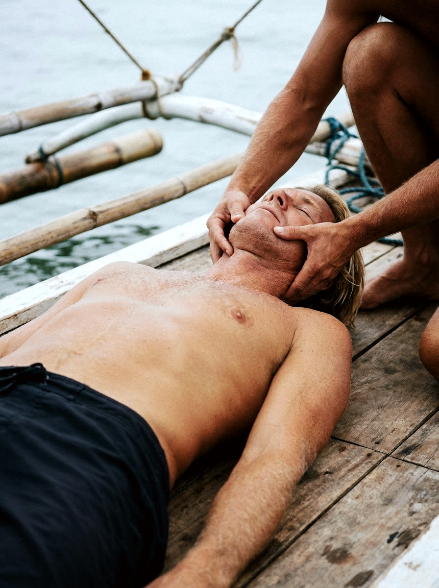 Side-profile view of the jaw thrust technique on the patient. The rescuer kneels behind the patient's head with the head between his knees, hands running parallel along the sides of the face from temple to chin, thumbs visibly pushing the chin forward. The neck stays neutral. No hand on the forehead.