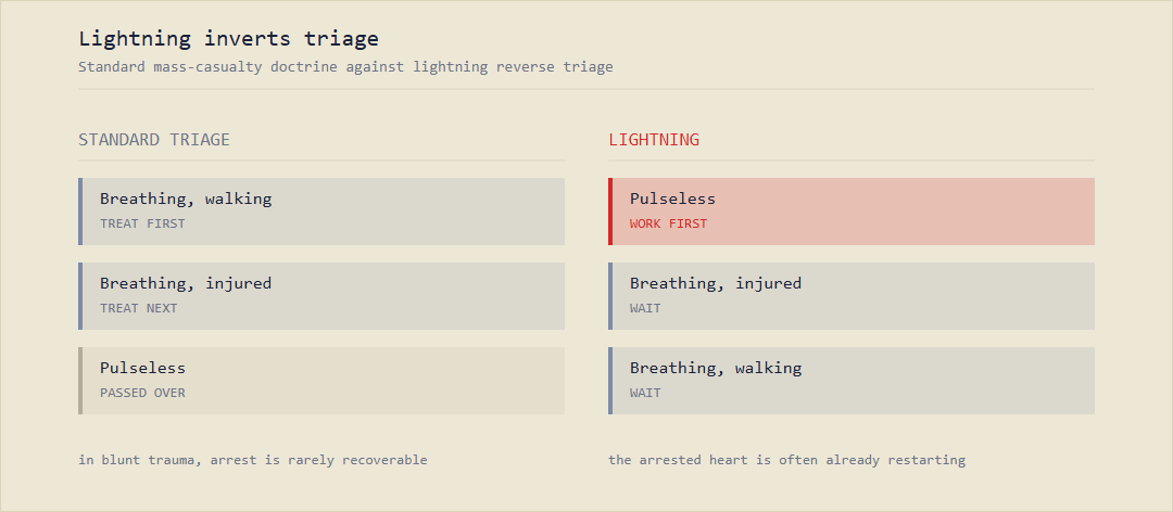 Comparison of standard mass casualty triage, where pulseless victims are passed over, against lightning reverse triage, where pulseless victims are resuscitated first.