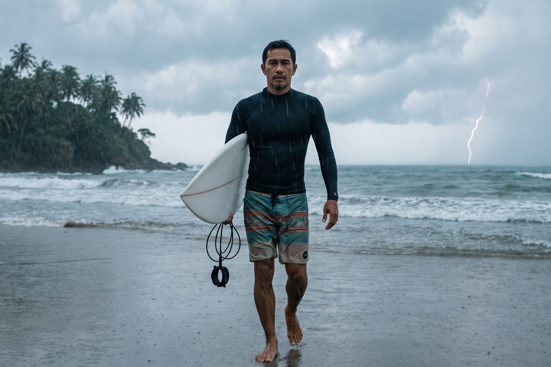 A surfer in a black wetsuit top and patterned boardshorts walks up the wet sand toward the camera, board under one arm and leash coiled in the same hand, with a distant lightning bolt striking the horizon behind him.