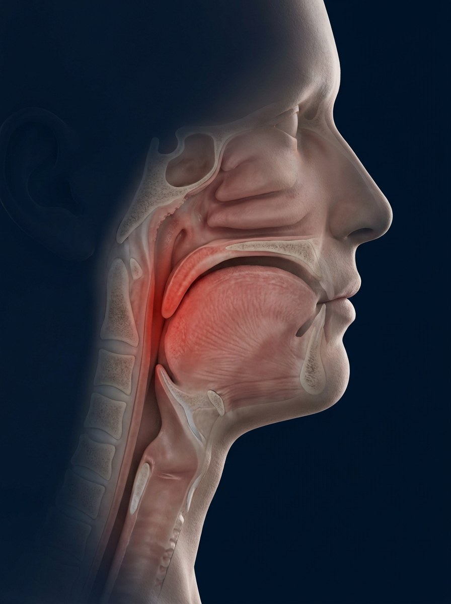 Sagittal cross-section of the head and neck showing the upper airway sealed shut, the base of the tongue and soft palate collapsed back against the pharyngeal wall, the blocked tissue tinted vermillion.