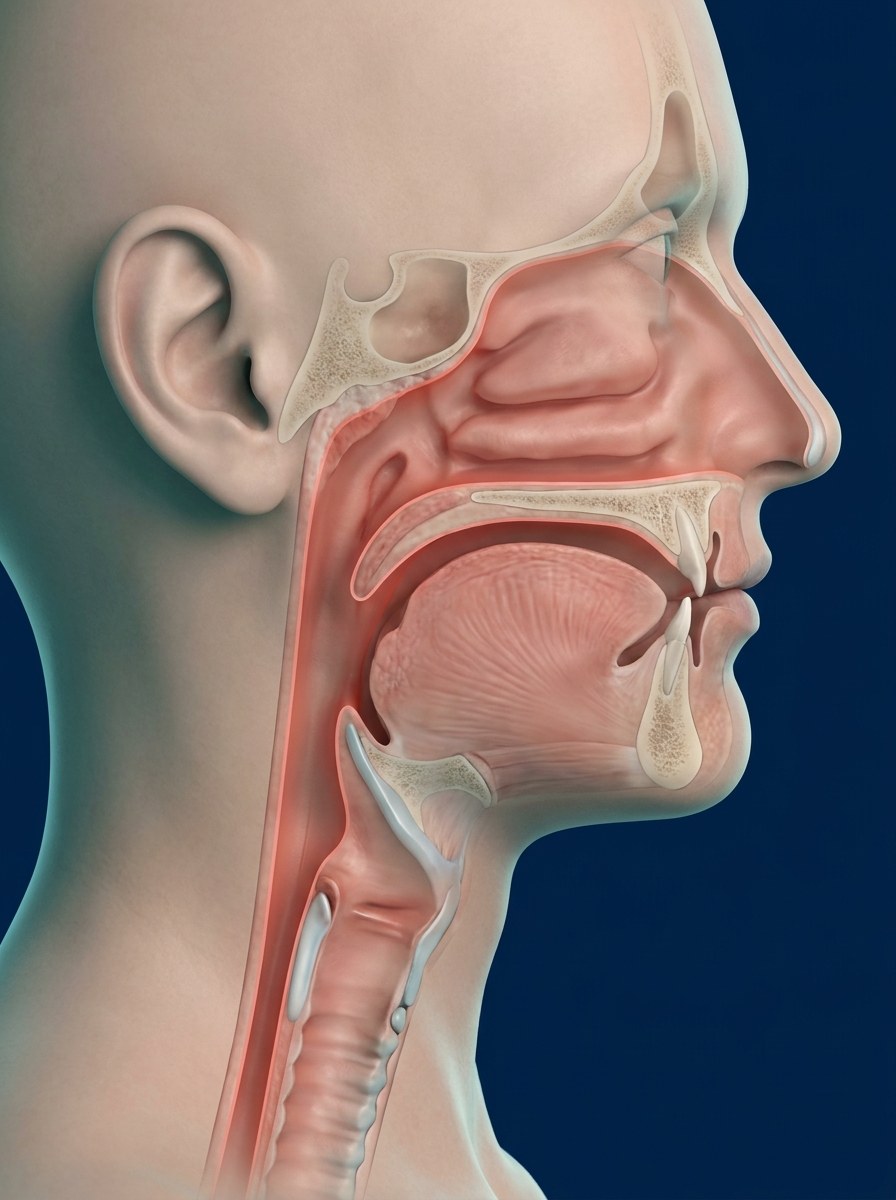 Sagittal cross-section of the same head and neck with the jaw thrust forward, the tongue lifted off the pharyngeal wall, and the airway open as a clear continuous passage tinted vermillion.