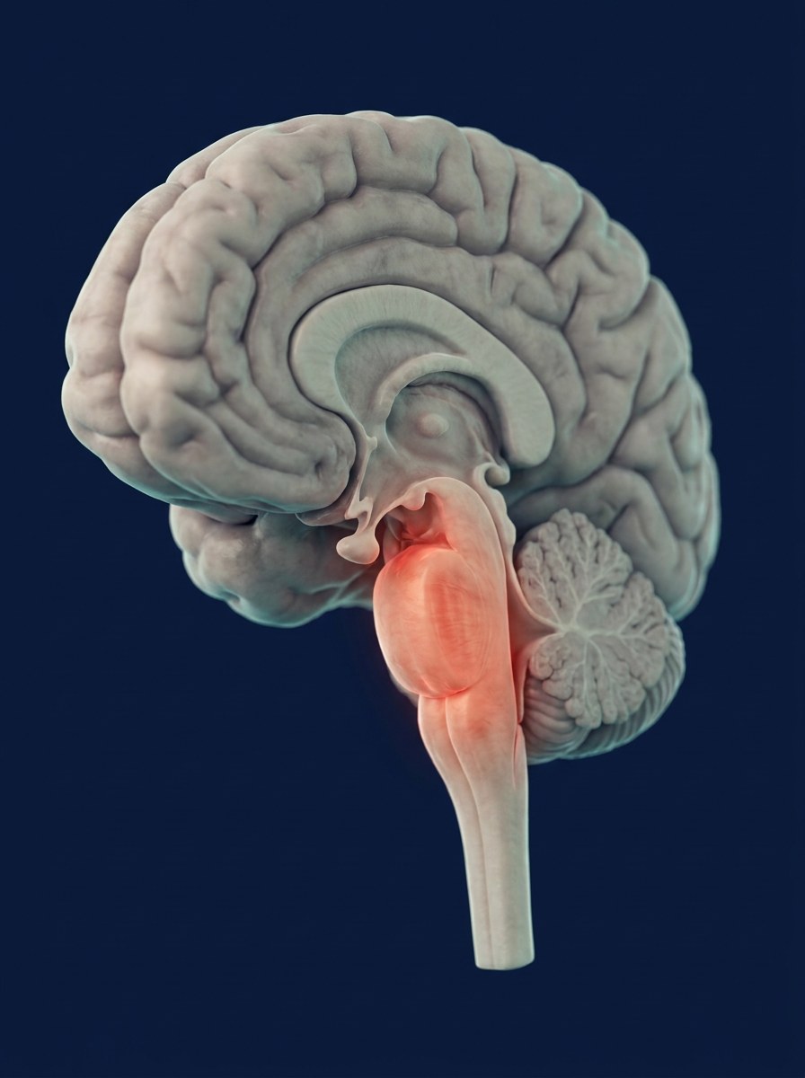 Sagittal view of the brain and brainstem with the pons and medulla at the base of the brainstem in sharp focus, the region that drives automatic breathing.