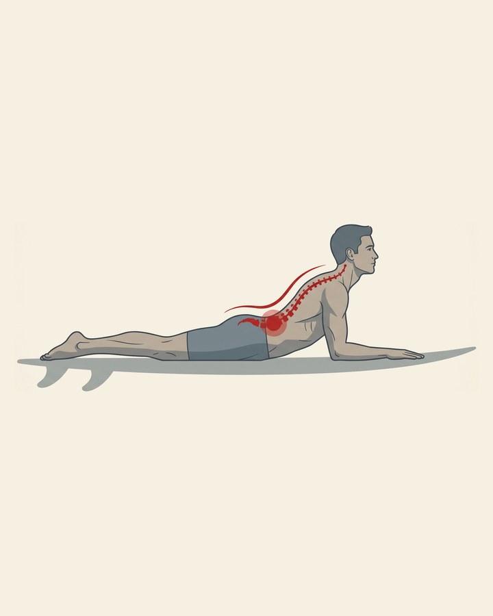 A beginner surfer lying prone on a soft-top longboard in shallow water, lower back arched and chest lifted in the sustained paddling posture.